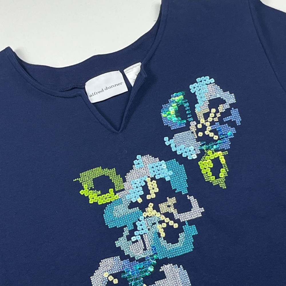Alfred Dunner Floral Cross Stitch Embroidered & Sequin Top Size L Navy Shirt